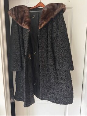 Title:  
Vintage Persian Lamb Coat with Mink Collar | Black | Old Hollywood Glam